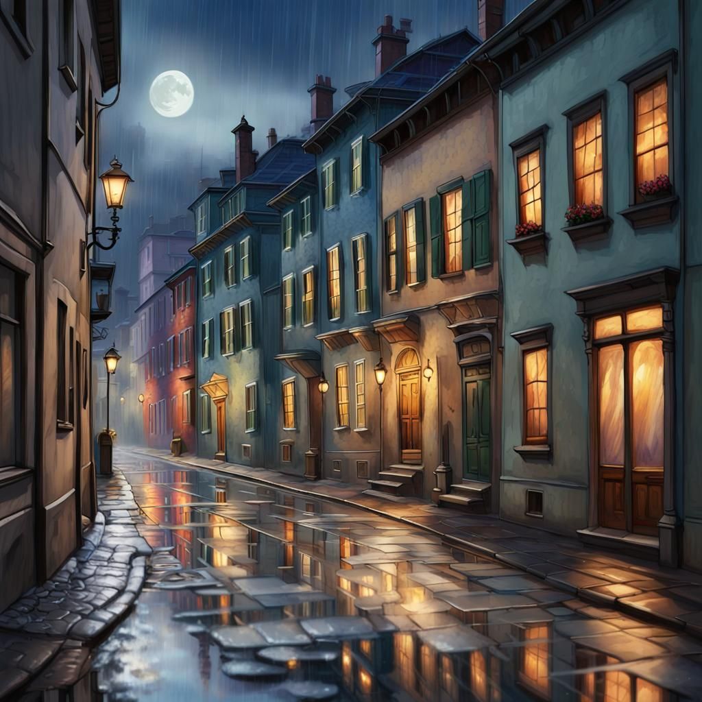 Rainy Evening Impressionistic Houses in Watercolor