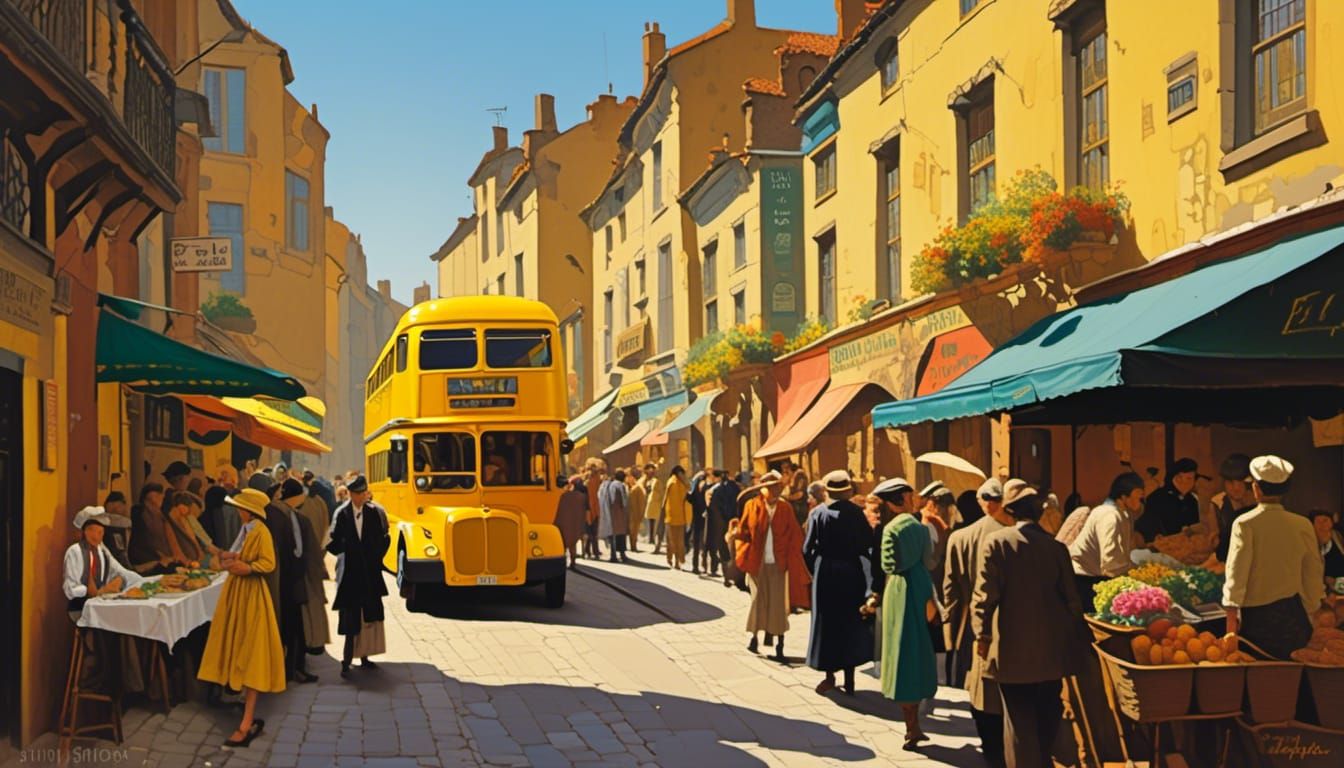 Yellow Bus in Middle Eastern Alley, Impressionist Oil Painti...