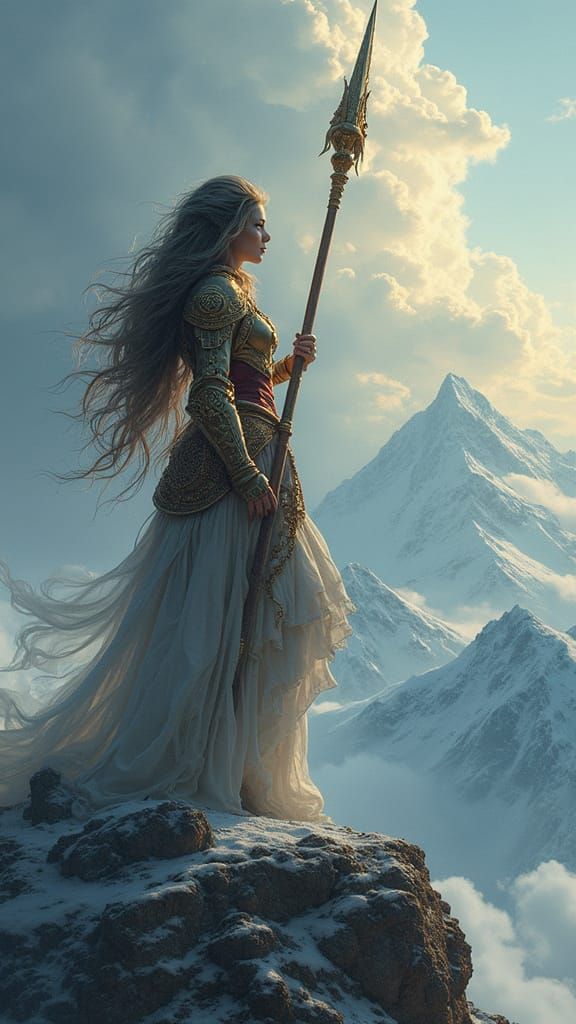 A majestic Valkyrie warrior stands atop a windswept mountain peak, her armor gleaming in the golden light of dawn. She h...