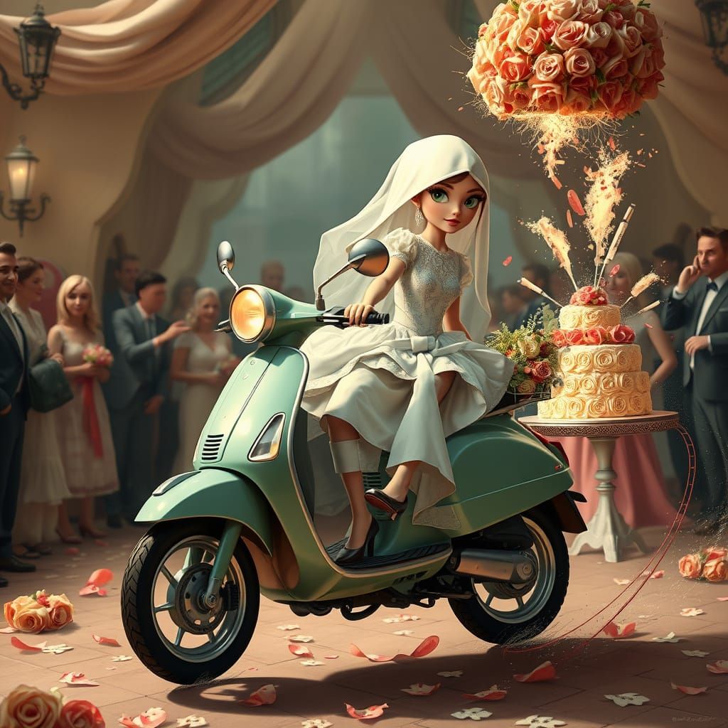 Whimsical Wedding Planner on Scooter in Pop Surrealist Style