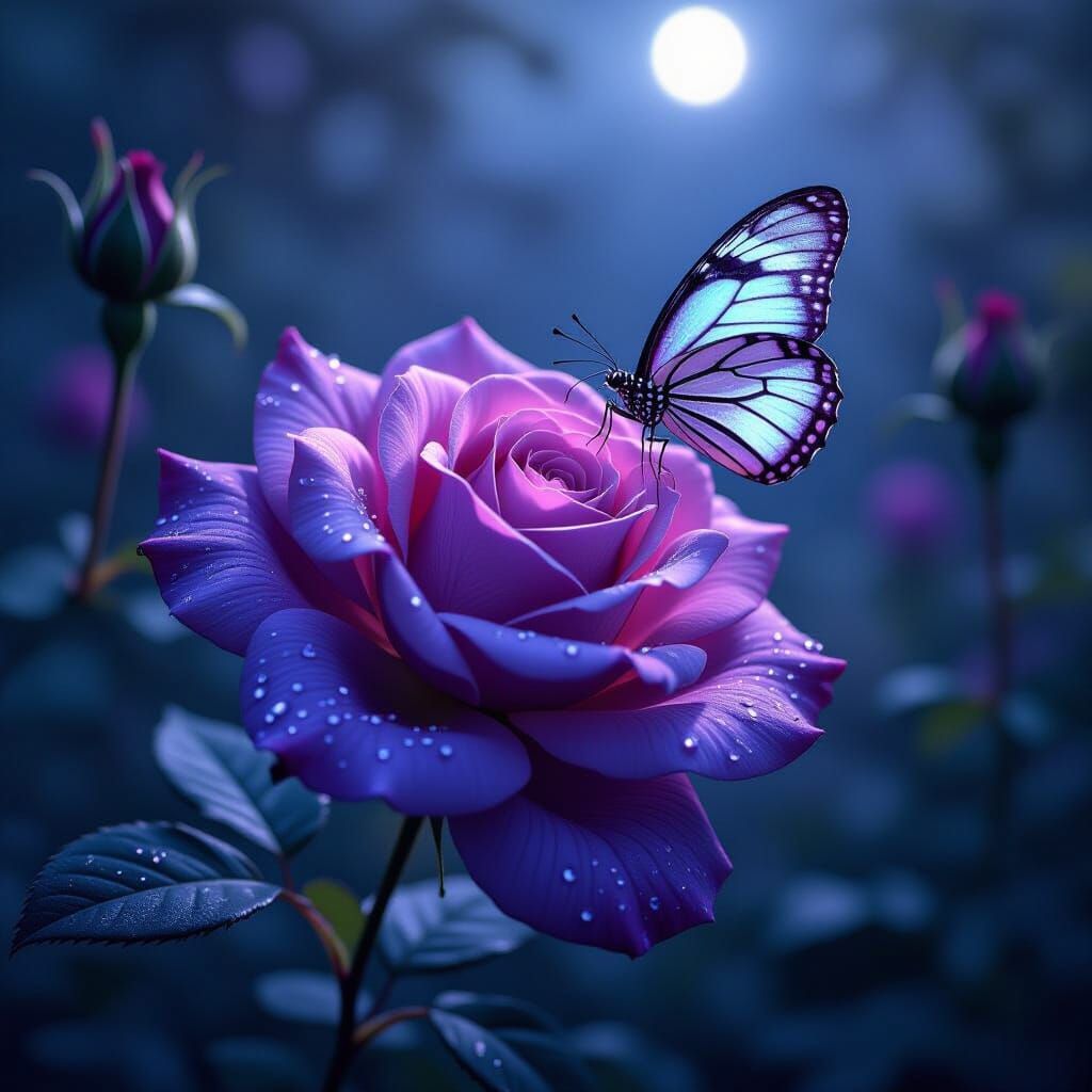 Mystical Purple Rose with Lavender Butterfly in Moonlight