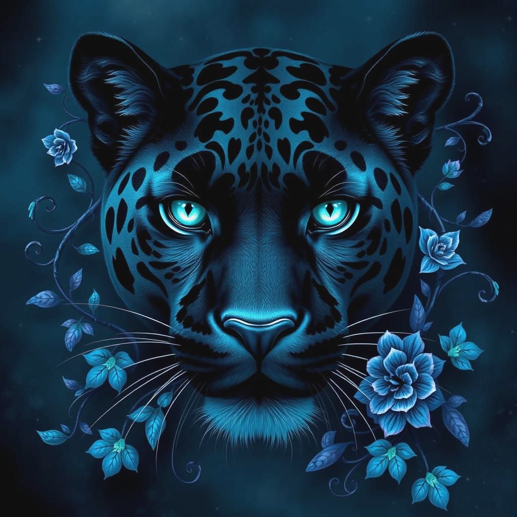 Ethereal Panther Portrait in Ornate Script and Floral Patter...