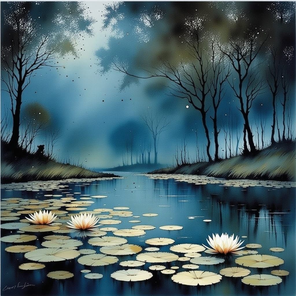 Water Lilies Under Starry Night Sky in Meticulous Watercolor...