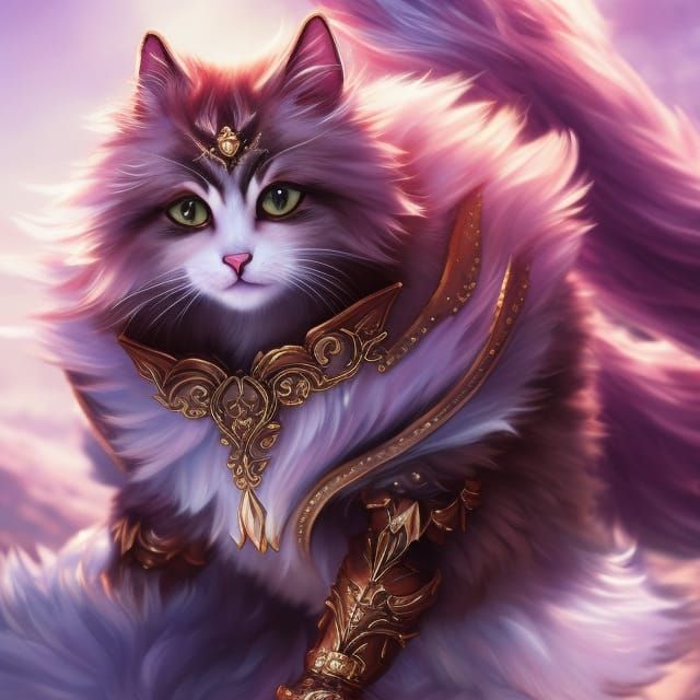 Armored Fluffy Cat in Watercolor Style