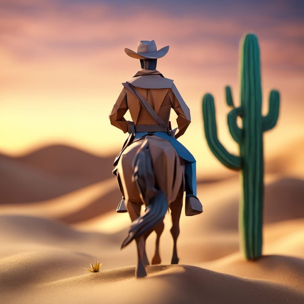 Origami Cowboy Papercraft in Desert Landscape