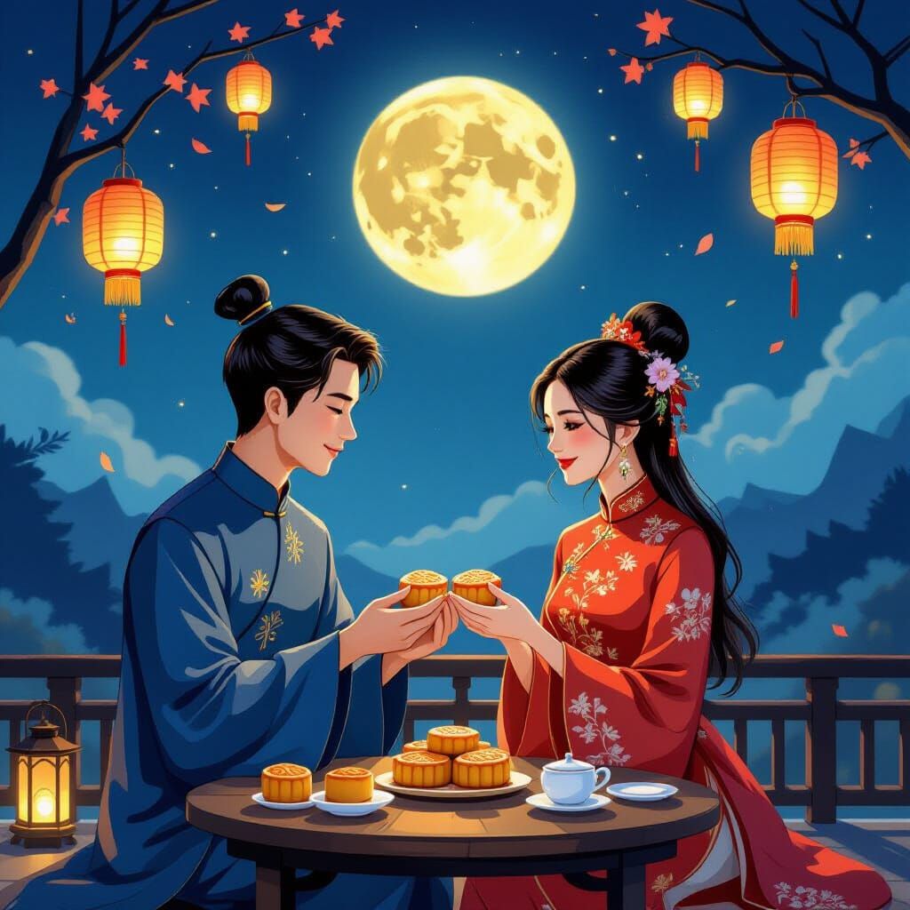 Vietnamese Couple Celebrate Moon Festival with Mooncakes and...