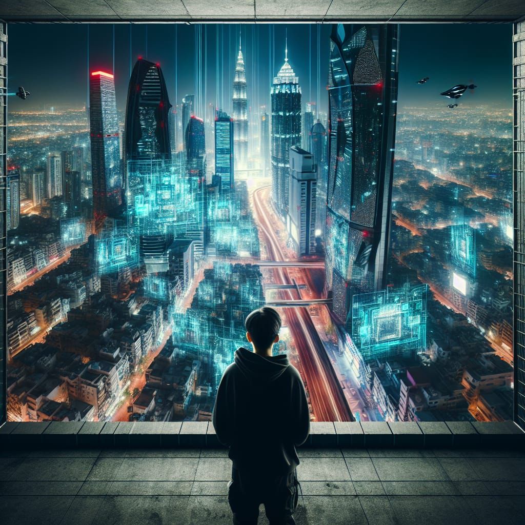 Cyberpunk Rooftop View of Futuristic Cityscape