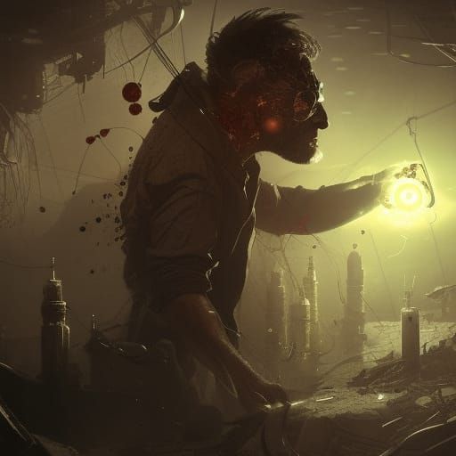 Crazy Scientist Amidst Viruses: A Digital Masterpiece