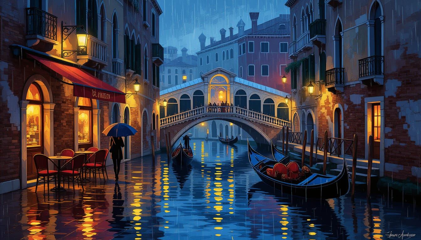 Venice Rainy Night: Warm Lights on Wet Streets and Canals