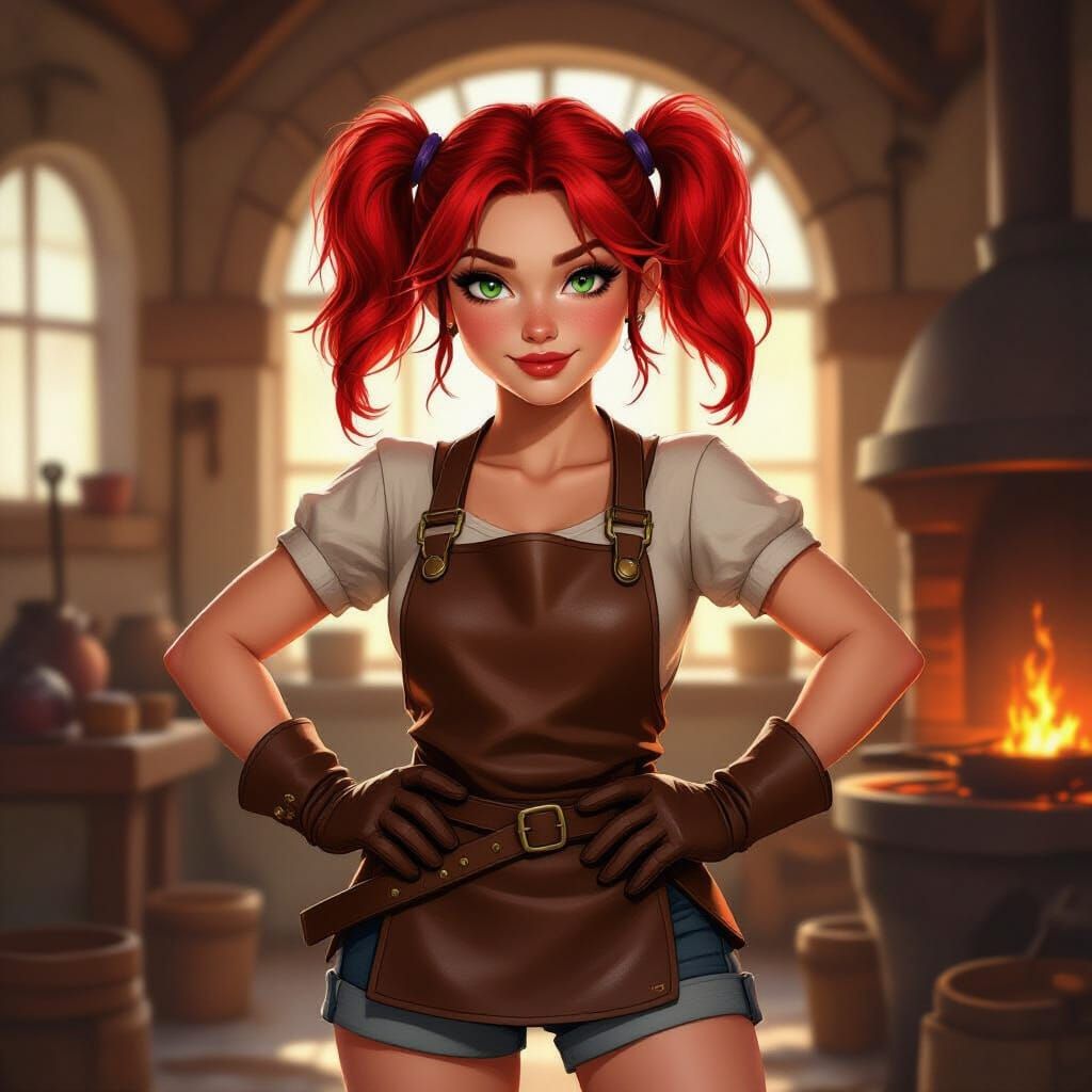 Red-Haired Blacksmith with Green Eyes in Forge Light
