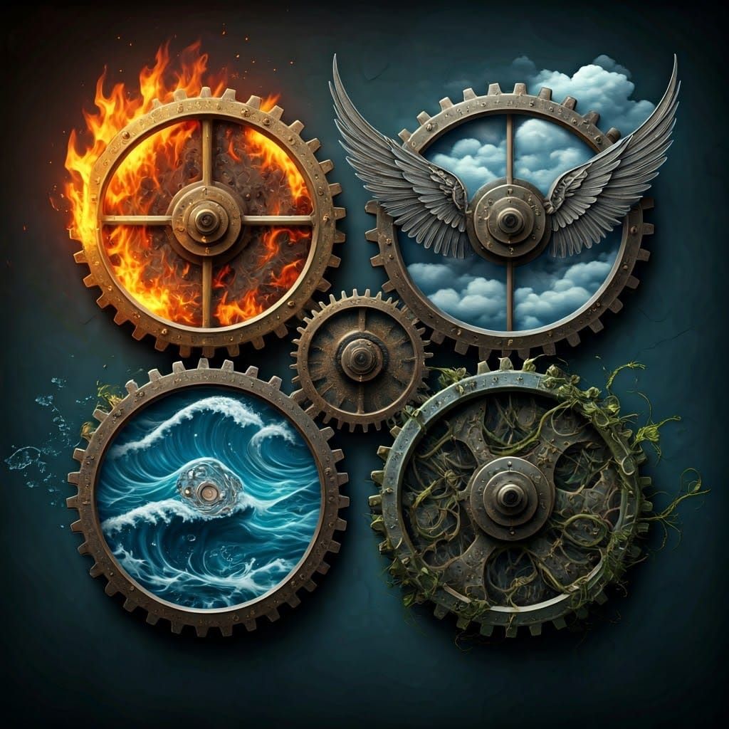 Elemental Gears in Steampunk Industrial Art Style
