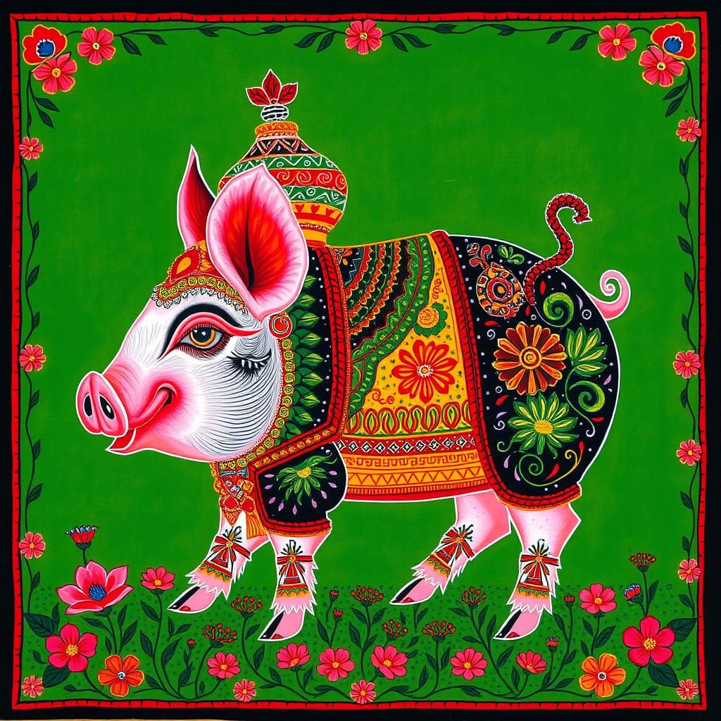 Pig in Madhubani Art Style with Floral Border
