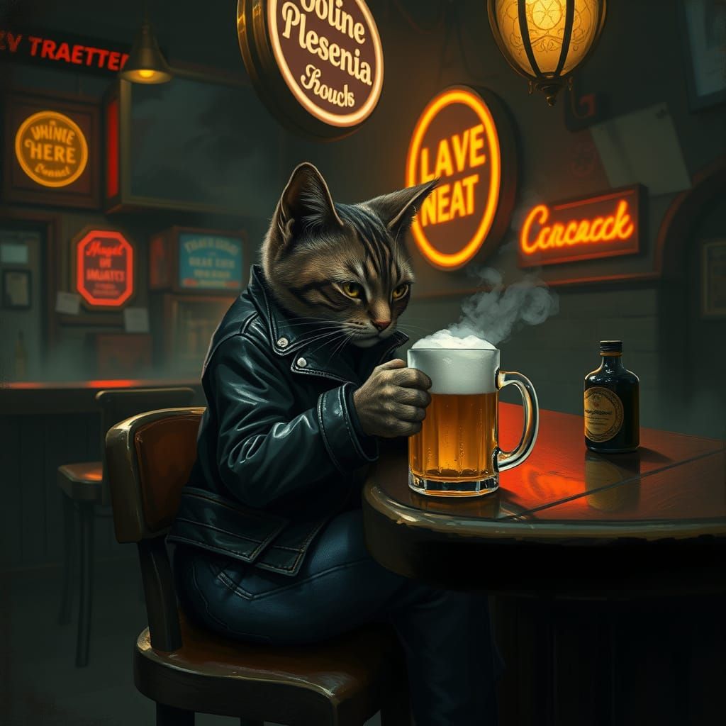 Lonely Feline Sips Beer in a Dark, Film Noir-Inspired Bar