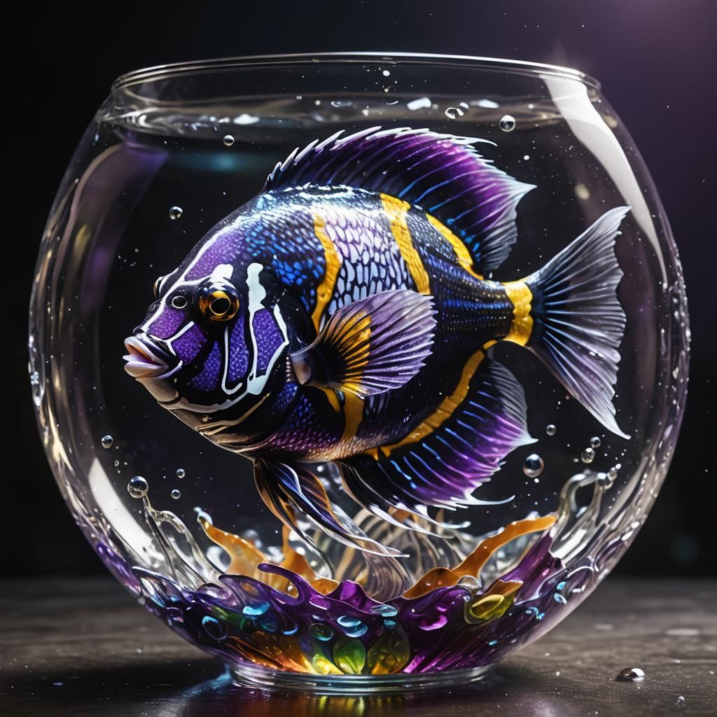 Intricate Angelfish in Glass Bowl: Dark Fantasy Art
