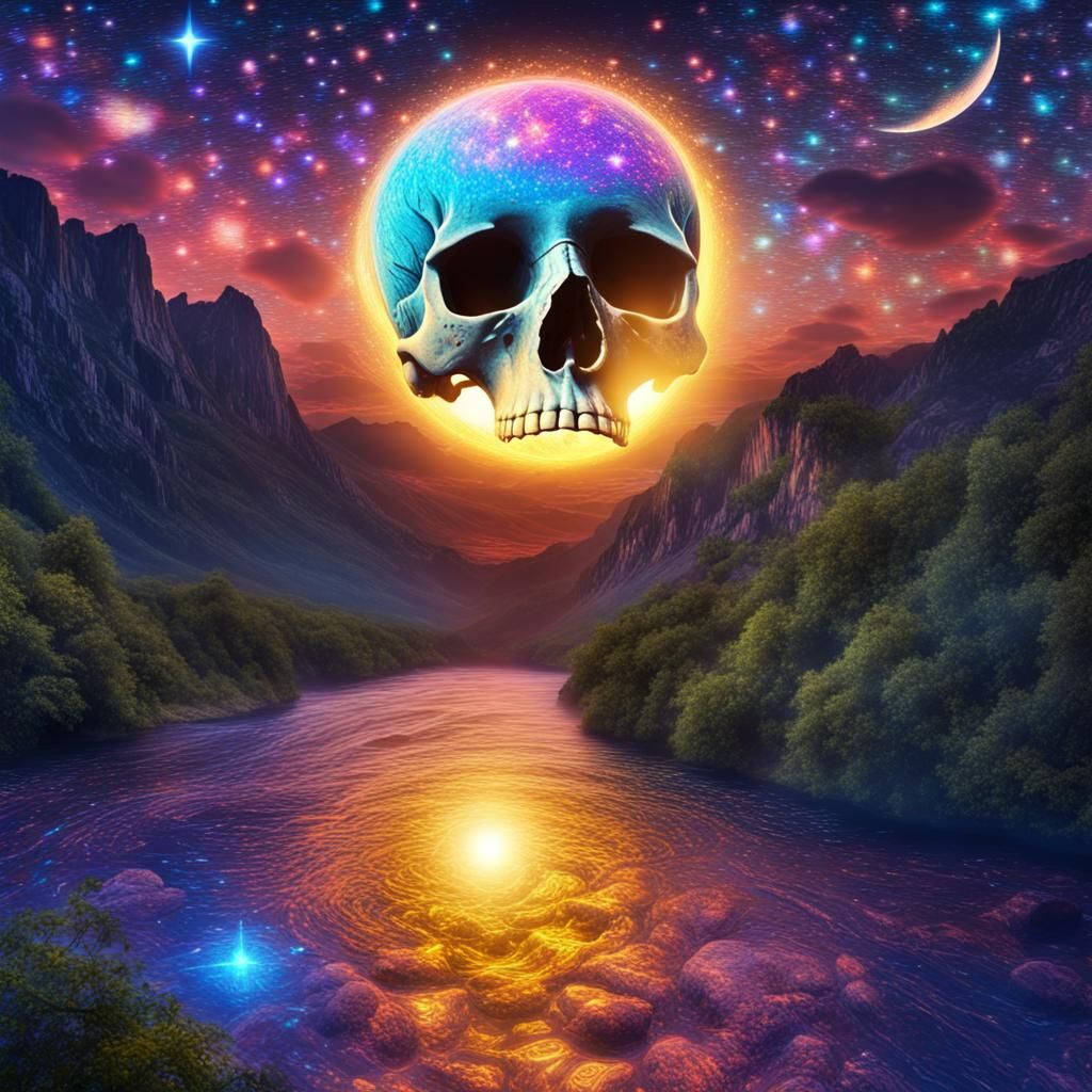Cosmic River of Stars Under Skull Moon