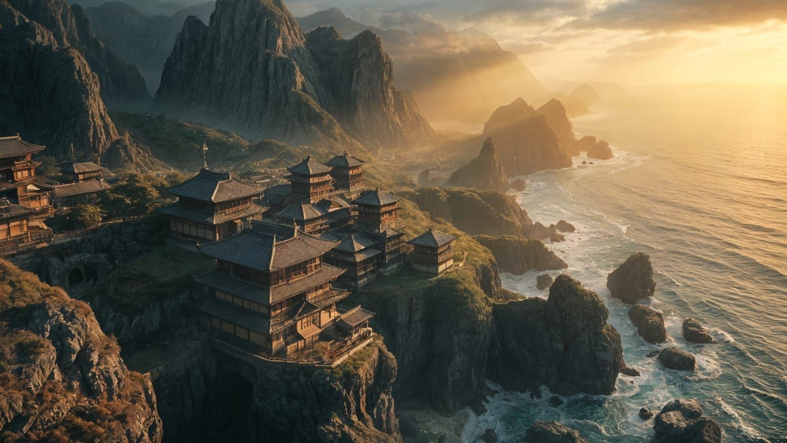 Epic Coastal Fantasy Landscape with Japanese Buildings