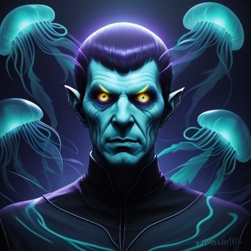 Spooky Spock Villain with Bioluminescent Jellyfish Army