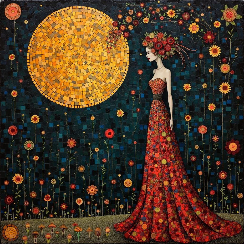 Abstract Mosaic: Art Nouveau Woman and Moon