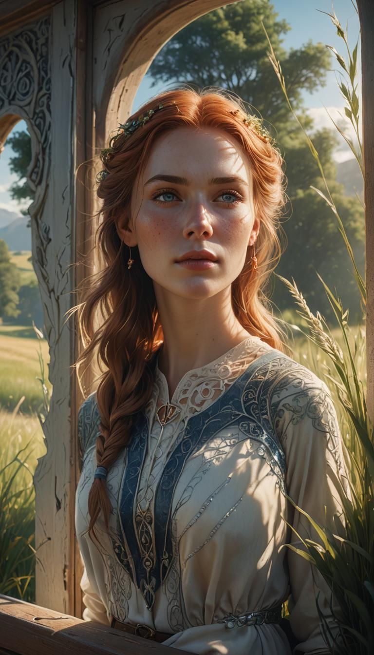 Woman Gazing out Window: Detailed Matte Painting