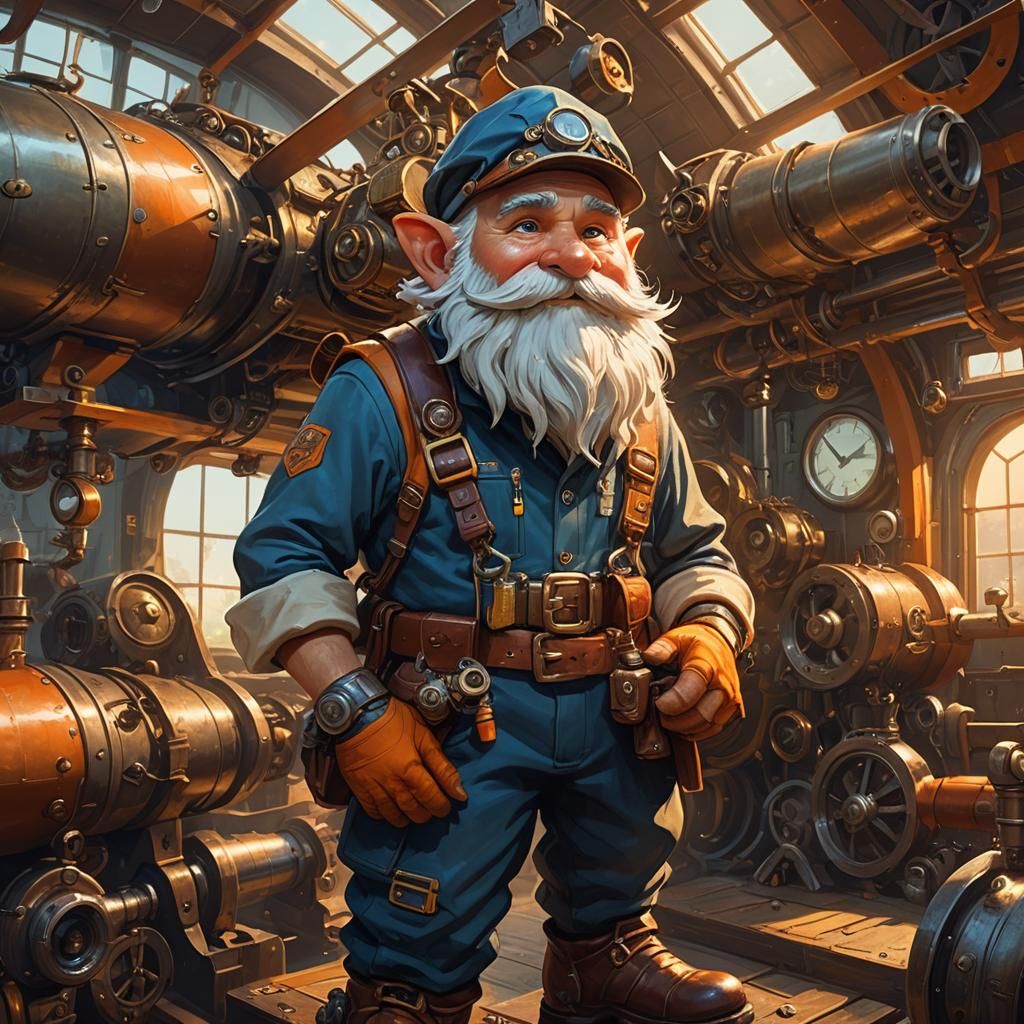 Steampunk Gnome Mechanic in Fantasy Hangar
