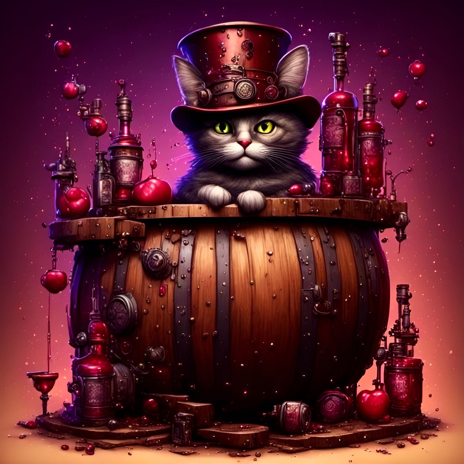 Steampunk Cat in Whiskey Barrel Rickhouse