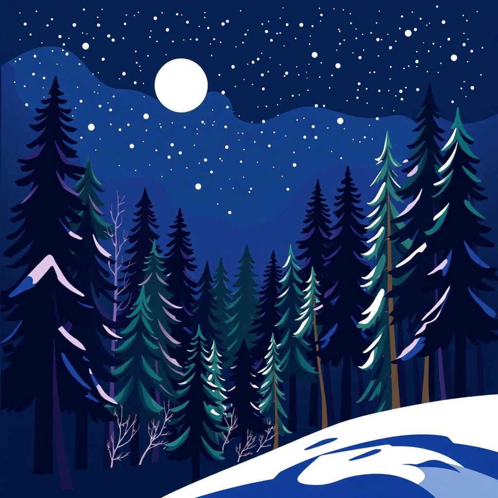 Vibrant Winter Forest Night in Vector Art Style