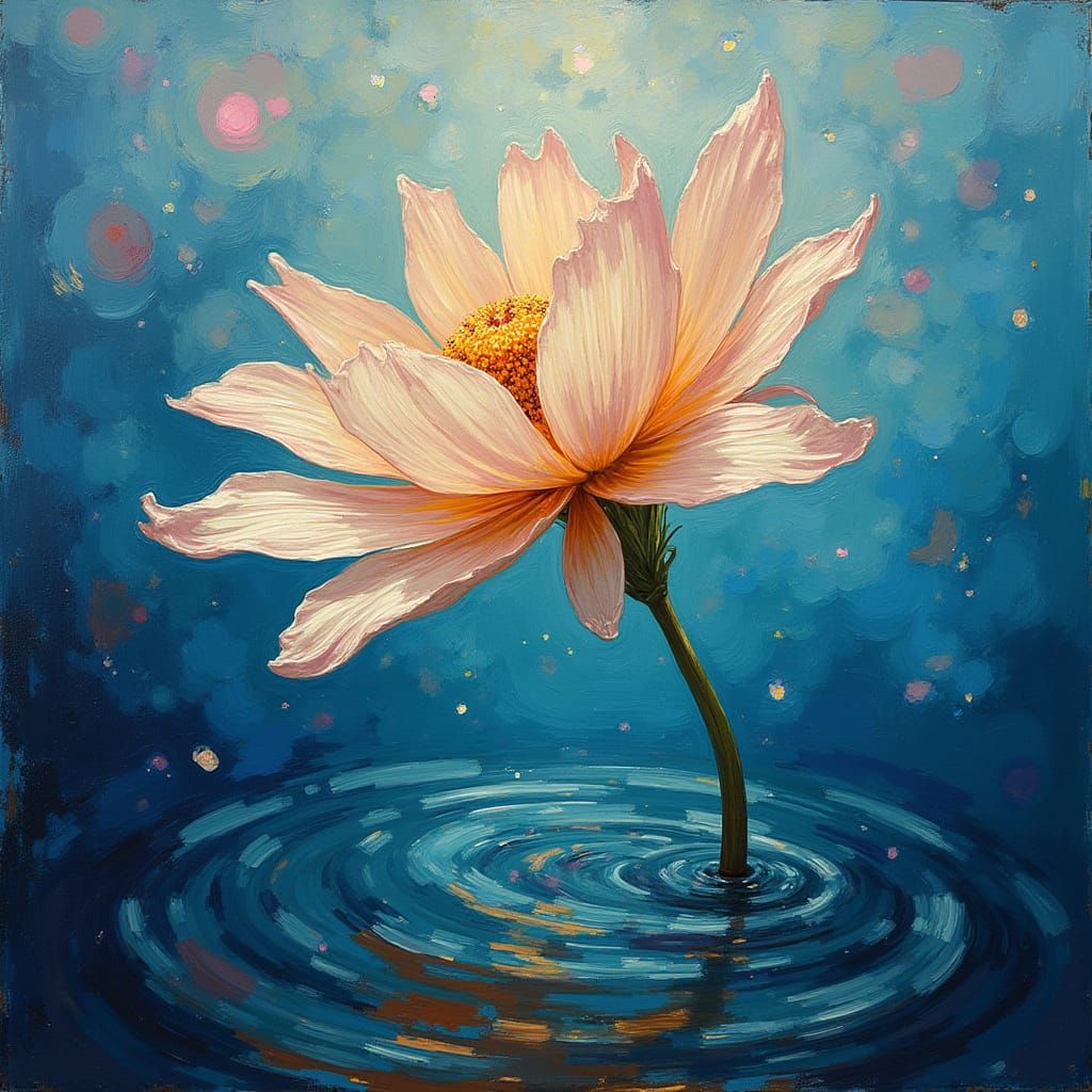 Vibrant Flower in Turbulent Skies, Thick Impasto Oil Paintin...