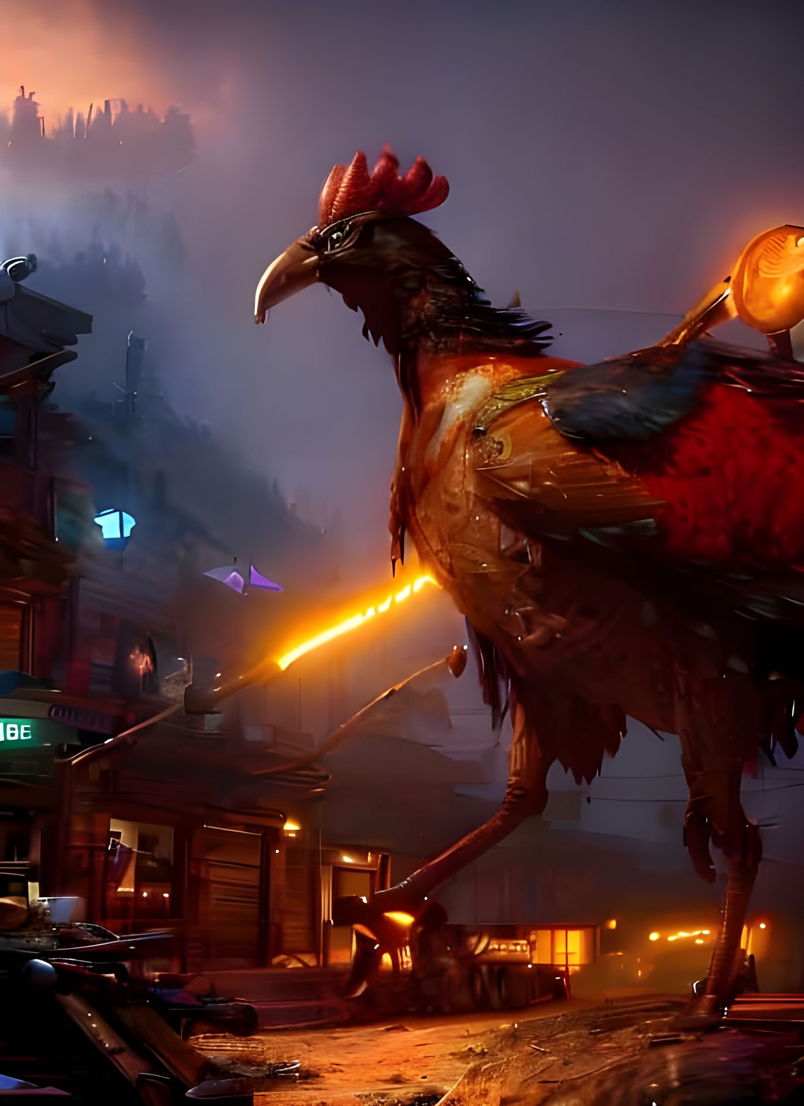 Giant Chicken Cowboy in Chaotic Wild West Town