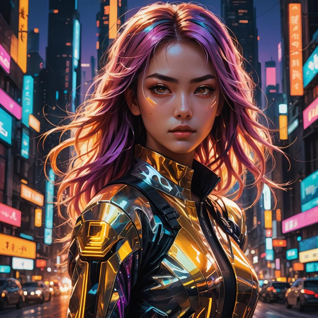 Anime Portrait in Futuristic Cityscape with Neon Lights