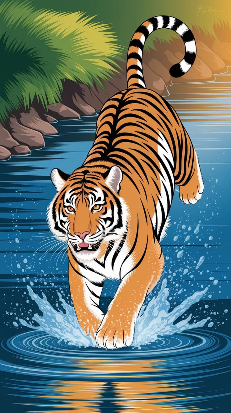 Majestic Bengal Tiger Roams Free in Serene River Landscape