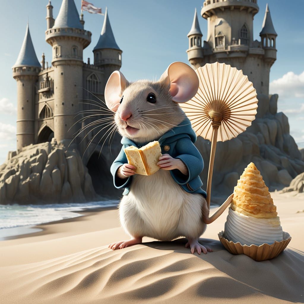 Whimsical Mouse in Beatrix Potter Style Enjoying Beachside C...