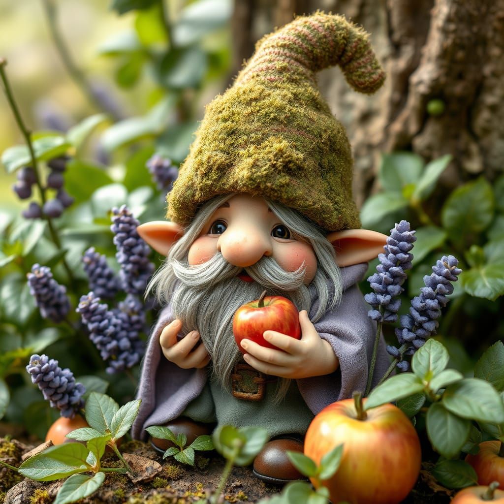 Whimsical Gnome with Apple, in Fantasy Art Style