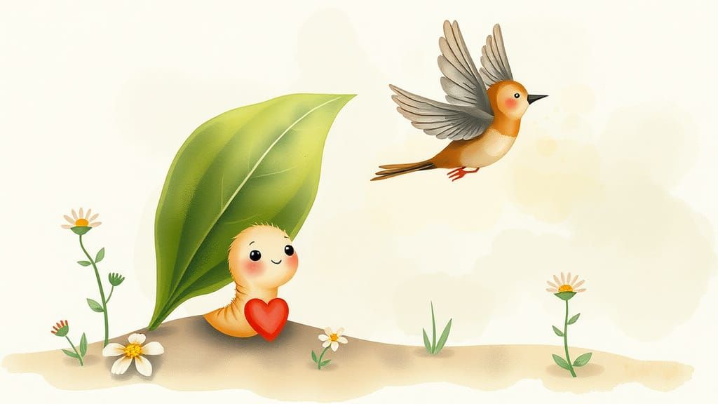 Nervous Earthworm and Bird in Watercolor Style