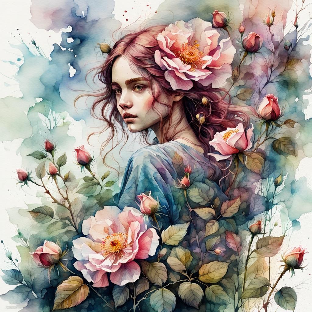 Watercolor Wild Roses in Double Exposure Fantasy