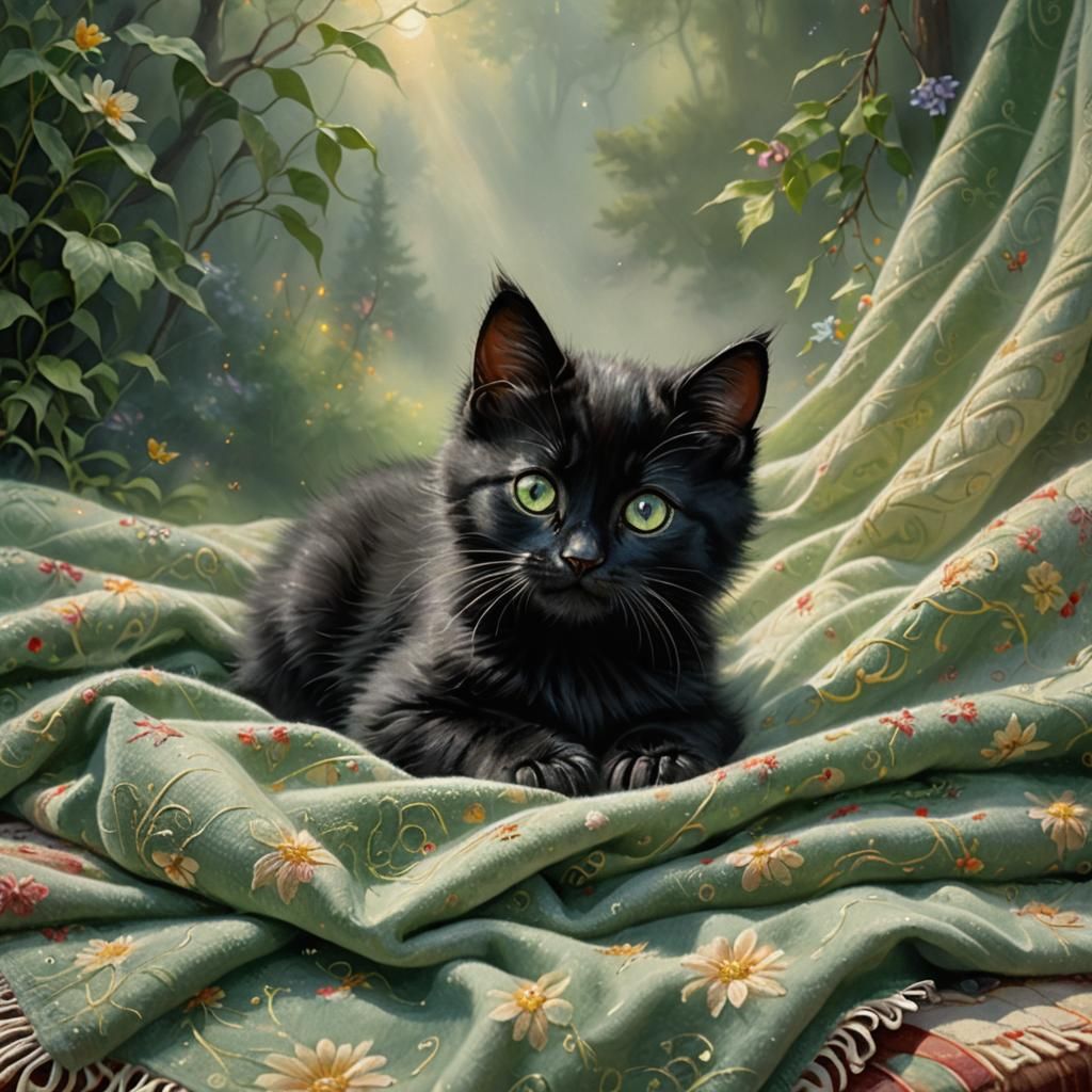 A cute, furry black kitten with big green eyes, a tender smile, poses lying on a small blanket.