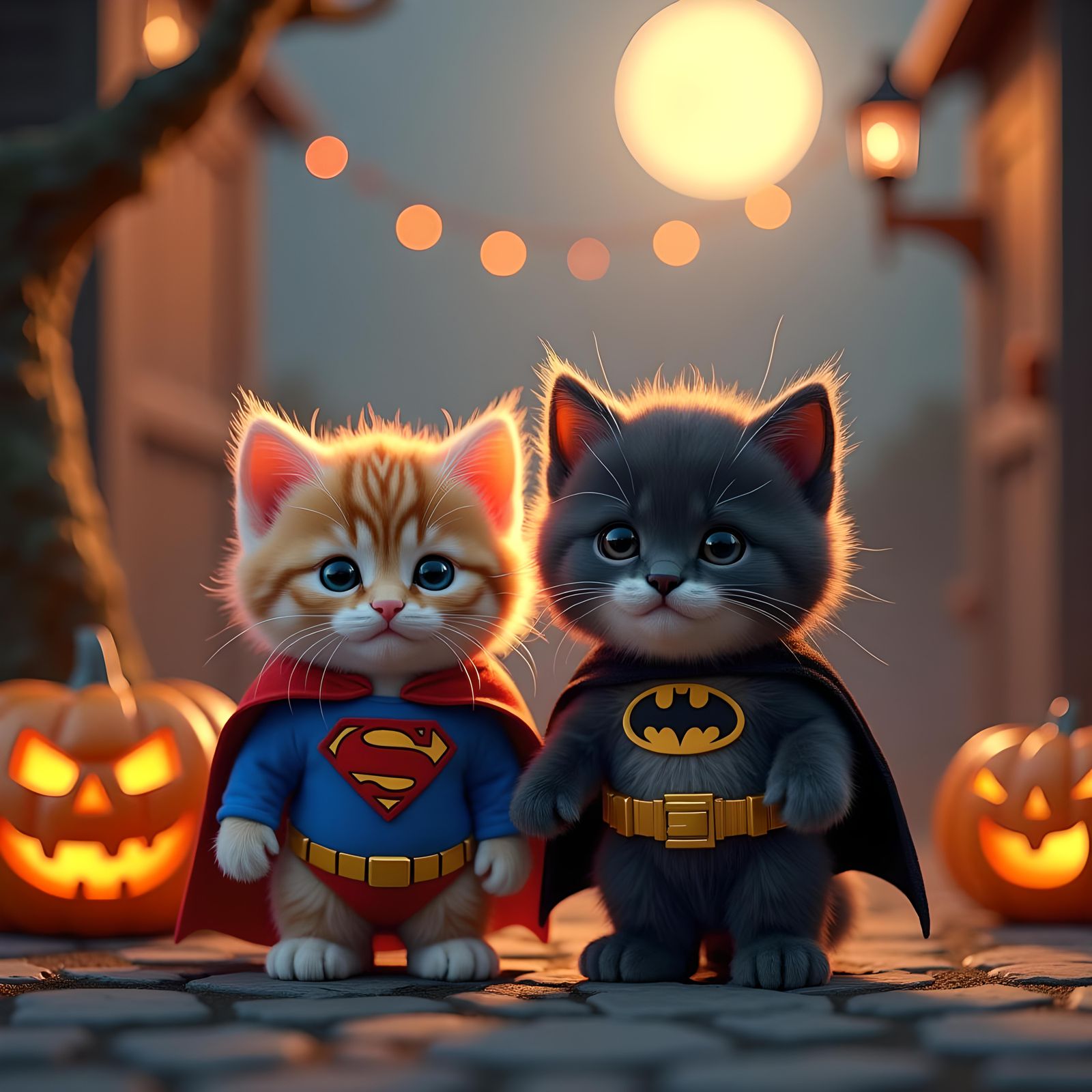 a cute animated fluffy kittens with a super man costume on o...