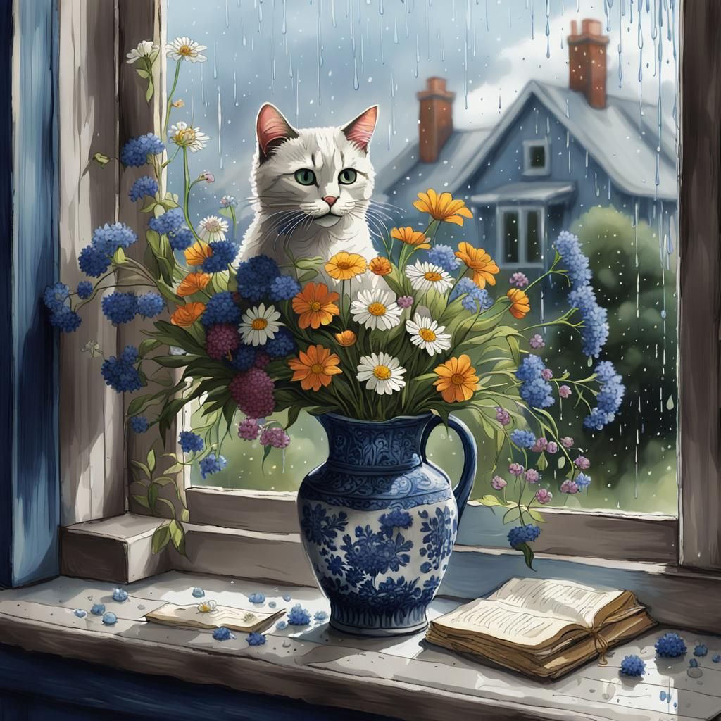 Cartoon Cat Sniffs Wildflowers in Klimt Style