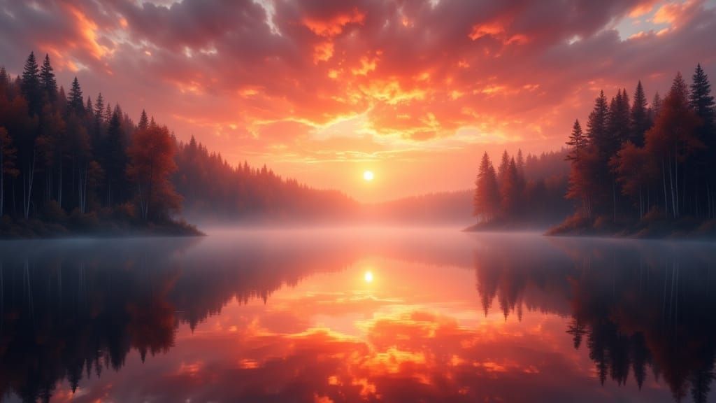Ethereal Sunset Landscape with Misty Clouds and Lake