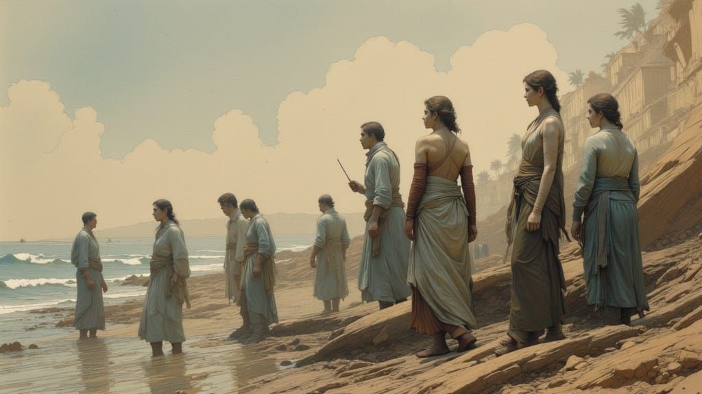 Pale Figures Gather at Shoreline in Dynamic Concept Art