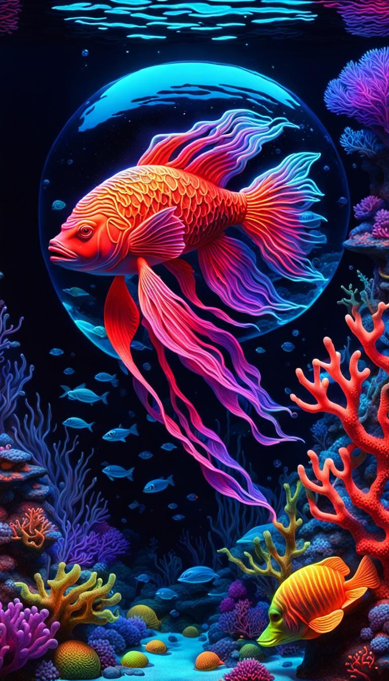 Neon Siren in Black Light Underwater Scene