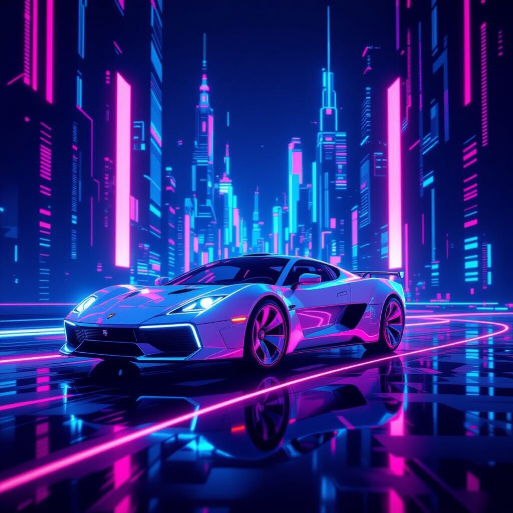 Retro-Futuristic Cityscape in Neon Pink and Electric Blue