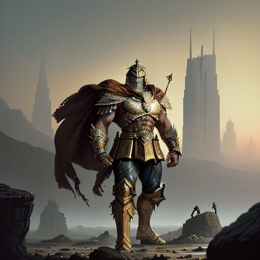 Heroic Spartan Warrior on Rocky Outpost with Cityscape Backg...