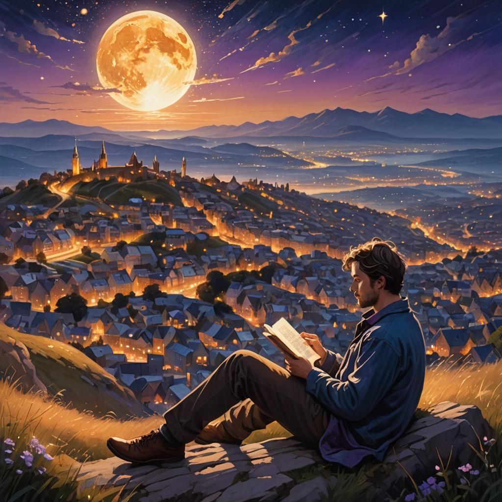 Man Reads Under Starry City Sky