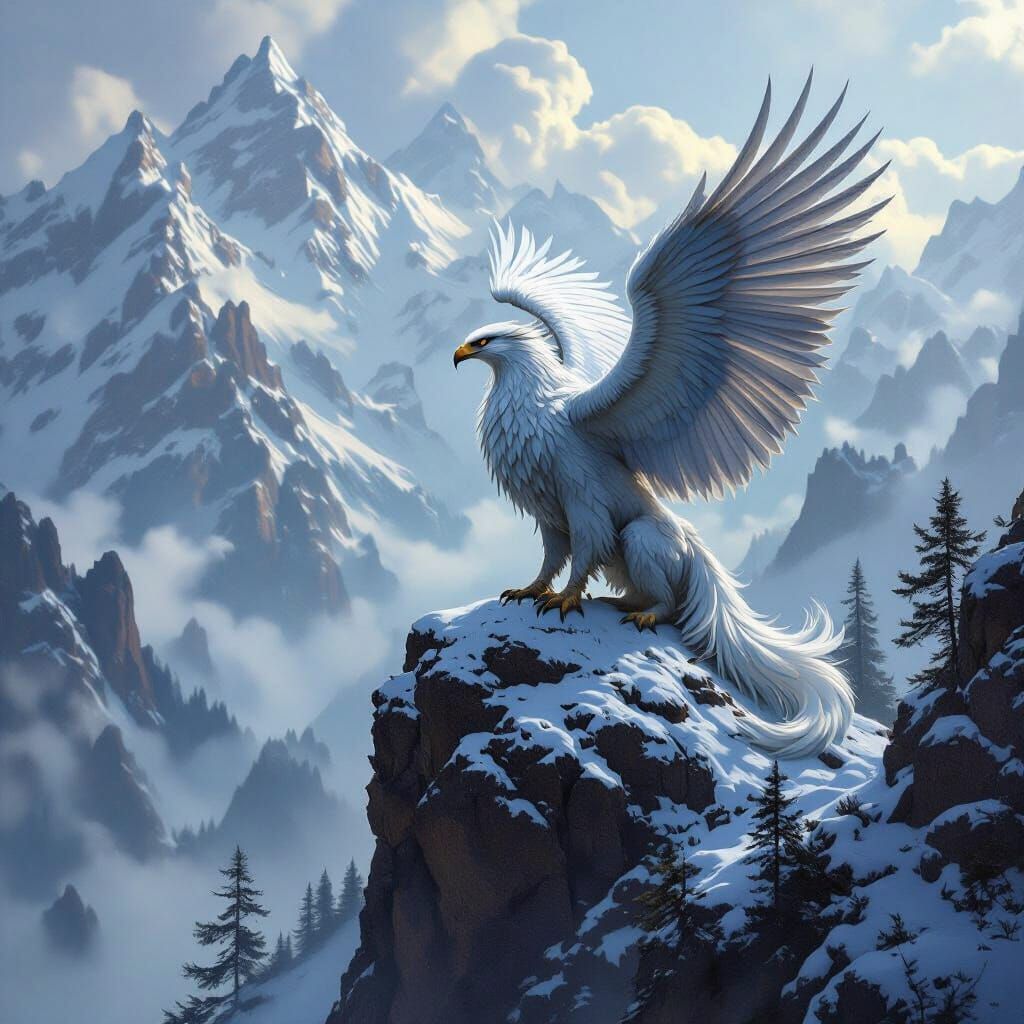 Iridescent Griffin Overlooks Valley in Fantasy Style