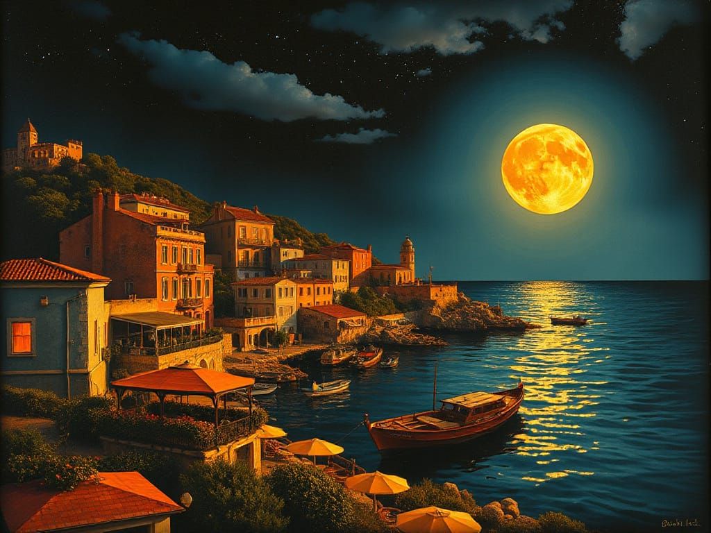 Bioluminescent Moon over French Riviera in Primitive Style