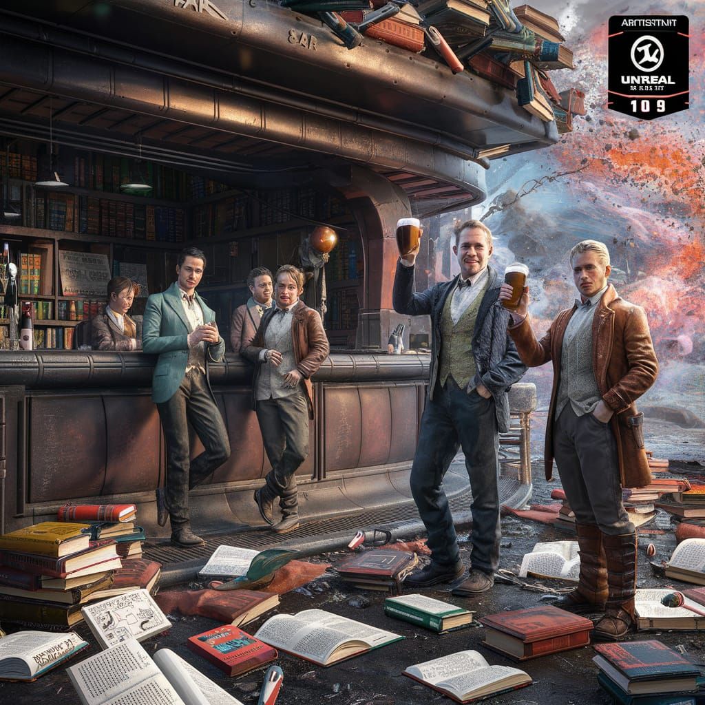 Post-Apocalyptic Bar Scene with Geeks and Books
