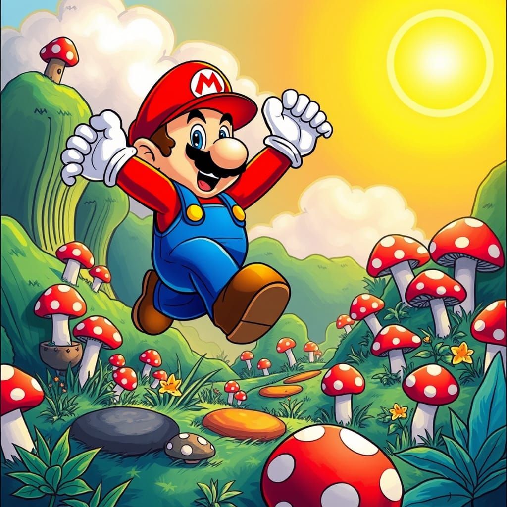 Mario Jumps in a Fantastical Landscape