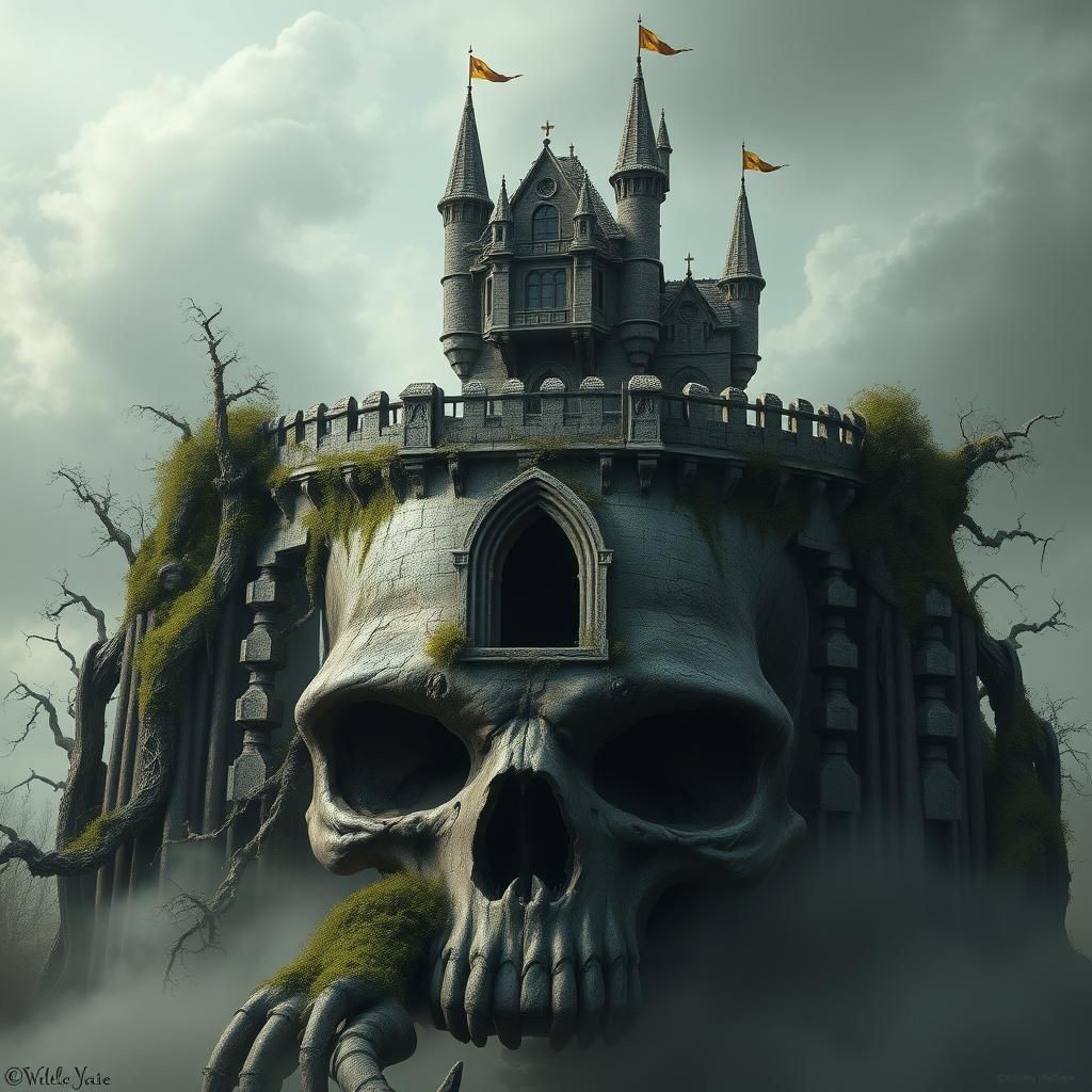 Gothic Castle Atop Skull in Dark Fantasy Style