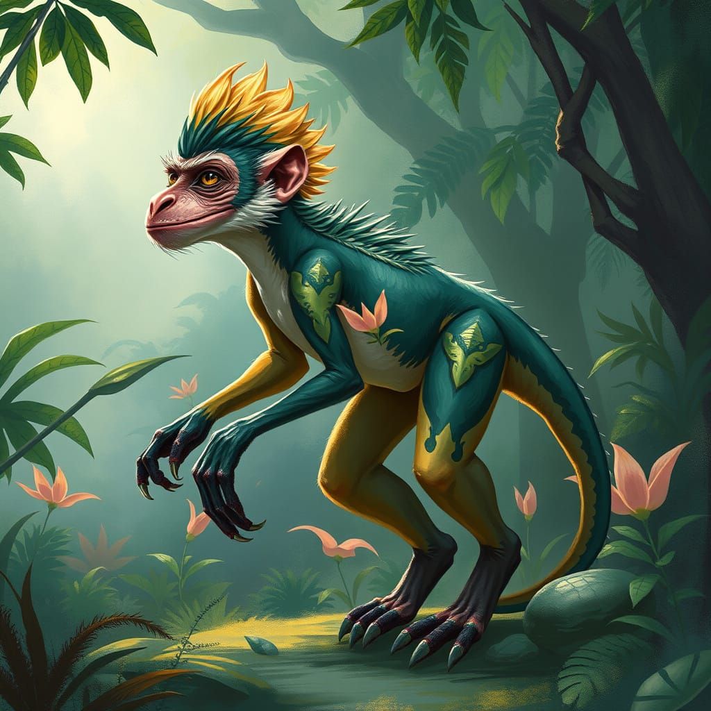 Monkey Dinosaur Hybrid in Vibrant Jungle