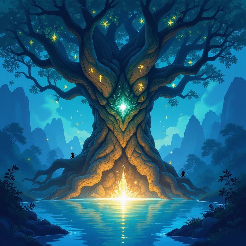 Ancient Tree Spirit Guards Crystalline Lake with Glowing Run...